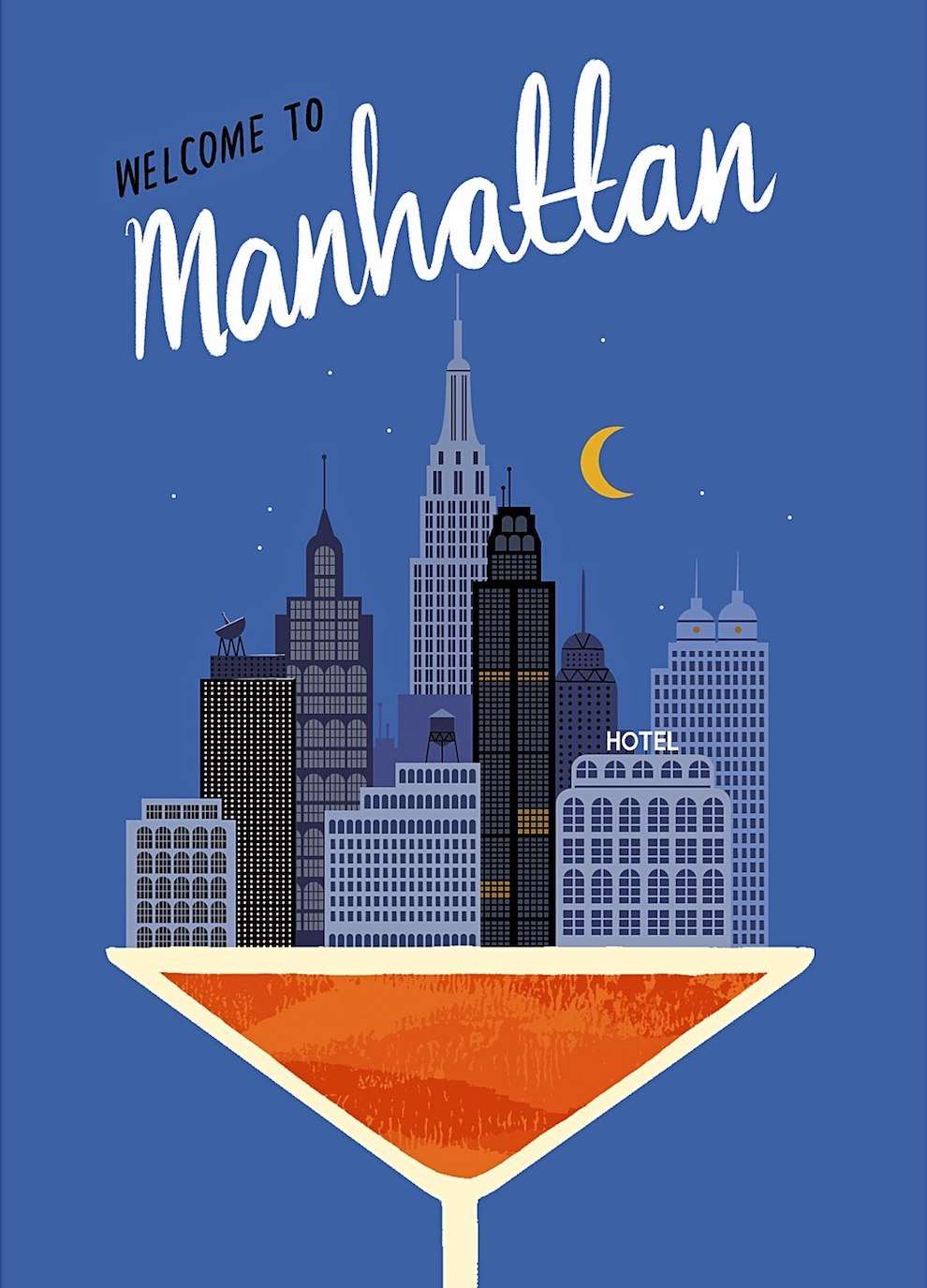 Ruby  Taylor, Illustration of a cocktail with architectural and city elements such as skyscrapers and buildings, with a blue background. Graphic textural style. 